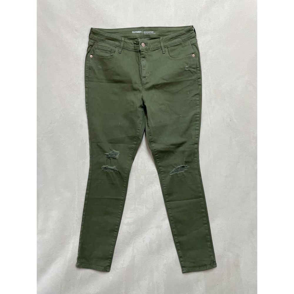 Old Navy Rockstar Mid Rise Skinny Jeans Olive Green Distressed Womens 14 Regular